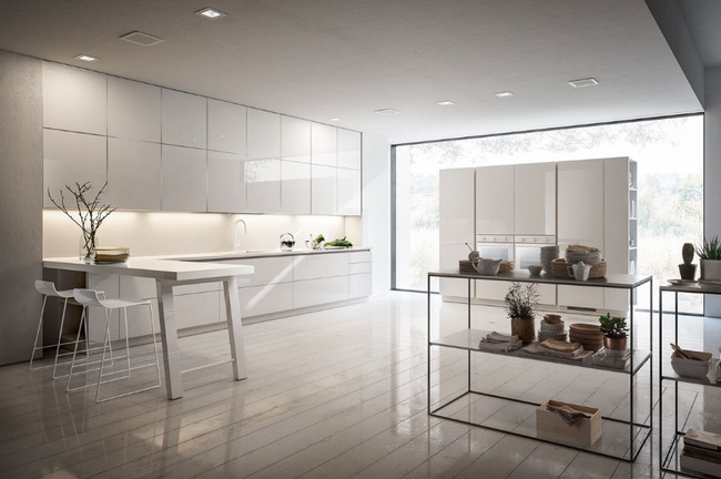 Không gian nhà bếp đẹp được thiết mở với bức tường bằng kính  