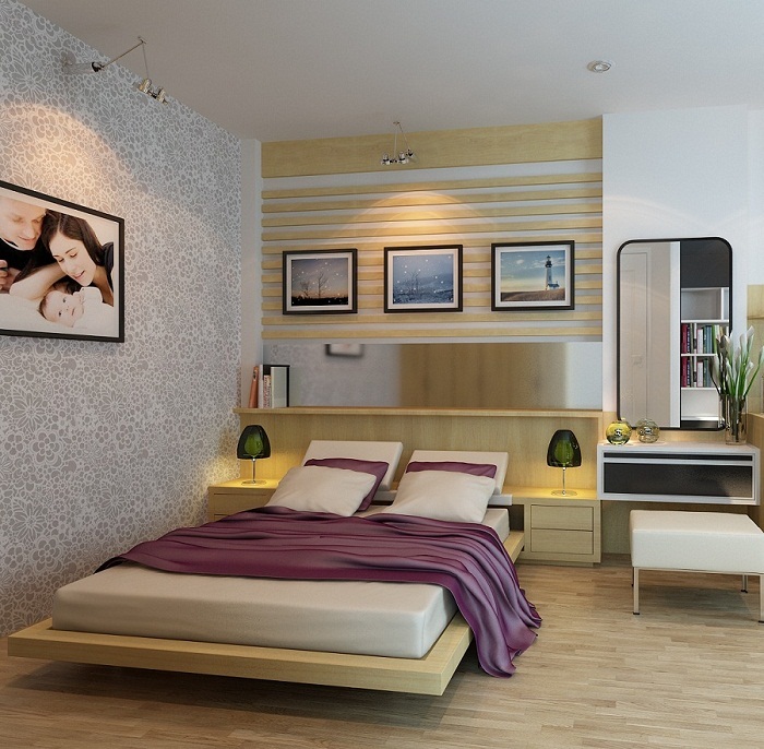 giường ngủ gỗ 116 được thiết kế đầu giường rộng để trang trí đèn ngủ ,Kết hợp kệ sách ở phía trên
