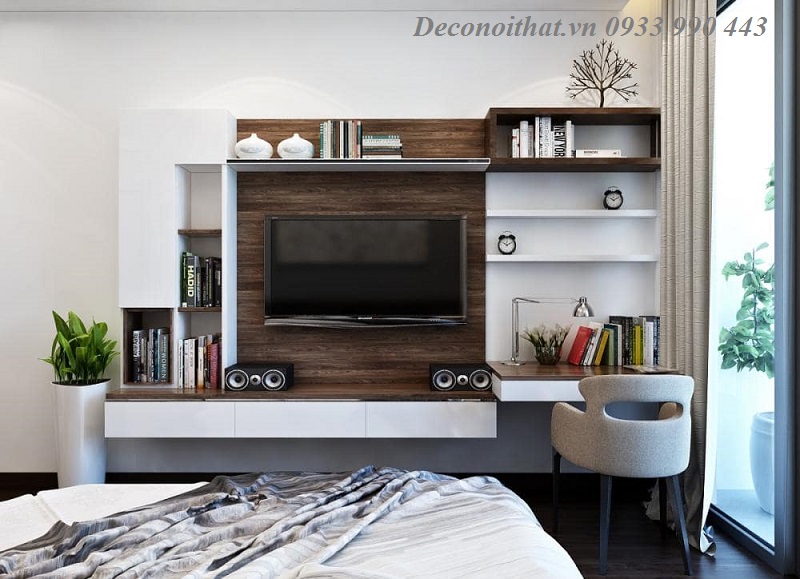 Tối ưu không gian phòng ngủ trong các căn hộ chung cư bằng mẫu kệ tivi kết hợp bàn làm việc thông minh