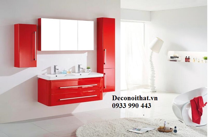 tủ lavabo cao cấp được sản xuất tại Deconoithat với tone màu đỏ nổi bật sẽ khiến cho không gian phòng tắm thêm bắt mắt