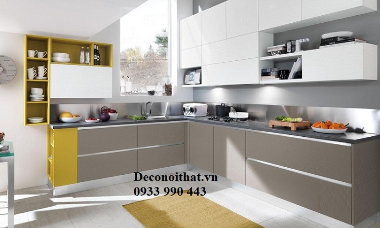 Tủ bếp chữ L 095 kết hợp melamine cùng sơn 2K sẽ là sự kết hợp vô cùng hải hòa cho căn bếp mang phong cách hiện đại này.