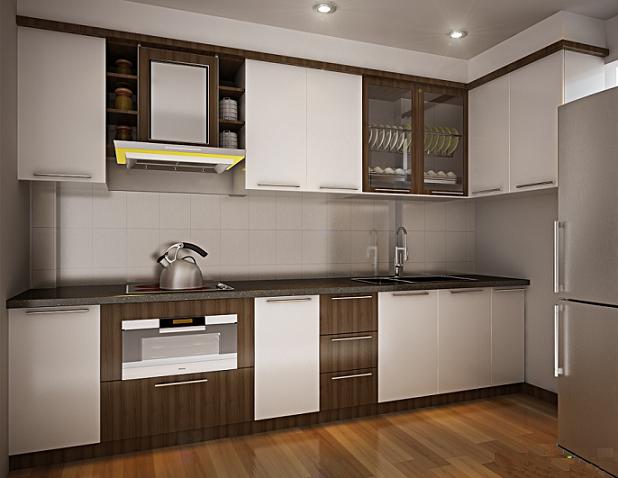 Thiết kế tủ bếp i theo 2 tông màu trắng và màu vân gỗ làm tăng thêm nét đẹp cho ngôi nhà bạn