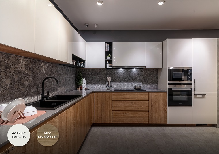 Tủ bếp gỗ 083TP được làm bằng chất liệu Melamine chống trầy