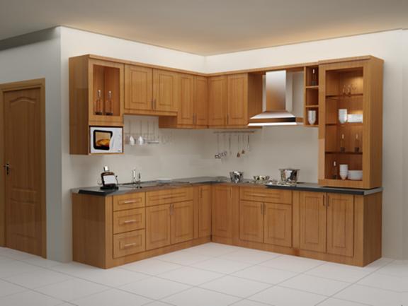Tủ bếp ấn tượng được thiết kế bằng các tông màu gỗ bắt mắt