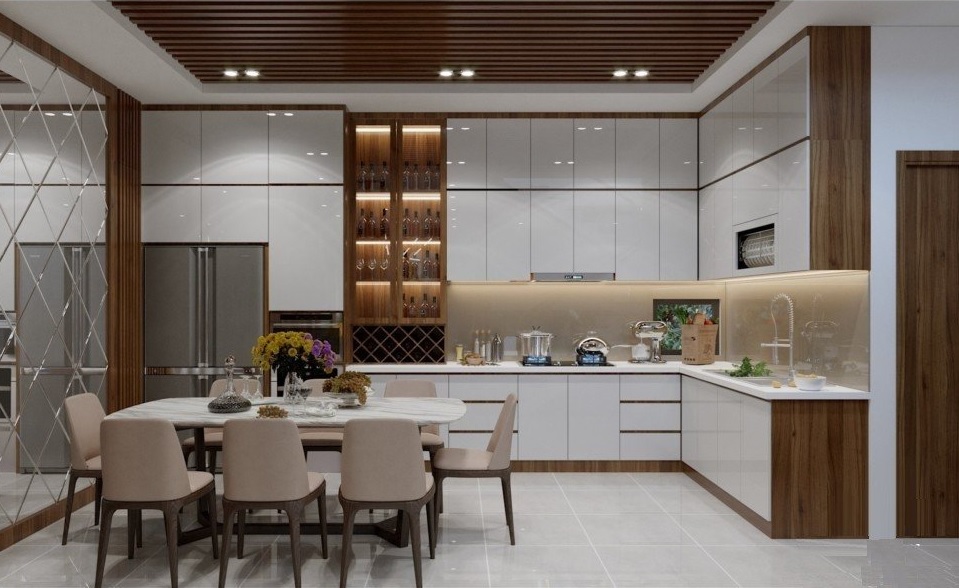 Mẫu tủ bếp Acrylic màu trắng - kết hợp vân gỗ nhẹ nhàng 