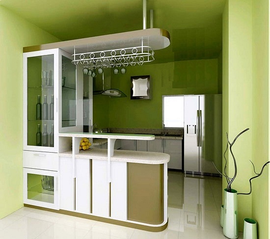 phòng bếp nhỏ phối hợp màu sắc tươi sáng khiến bạn thích thú